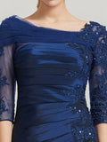 Mother Of The Bride Dress - Elegant Sheath Evening Dress Lace Taffeta Half Sleeve Scalloped Neck Knee-Length Beading Pleated Appliqued 2025 Free Customized