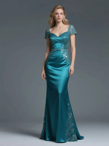 Mother Of The Bride Gown - Elegant Mermaid Mother of the Bride Dress Sparkle V Neck Short Sleeves Satin Appliques Wedding Guest Gown 2025 Free Customized Teal
