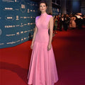 High Neck Evening Dresses Sleeveless Pleat Ruched Backless Floor Length Party Prom Dresses Robe de soirée for women Pink