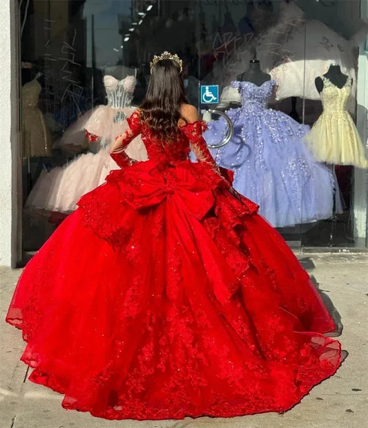 Shiny Red Quinceanera Dresses with Big Bow Boat Neck Beading Lace Appliques Vestidos De 15 Anos Birthday Party