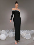 2025 Elegant Women's Light Luxury Nail Bead Bandage Dress with One Piece Collar Shoulder Long Sleeve Bodycon Bareback Long Dress