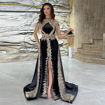 Noble Black Prom Dress Halter Lace Appliques Floor length Mid Slit Evening Dress vestidos para eventos especiales Black