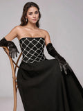 Elegant Black Backless Diamond High waist Long Dress Bandage Women's Sexy Strapless Sleeveless Evening Festival Party Gowns