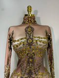 Sexy Sparkly Gold Rhinestones Tassel Bodysuit Women Celebrate Birthday Evening Party Nightclub Singer Performance Stage Costume