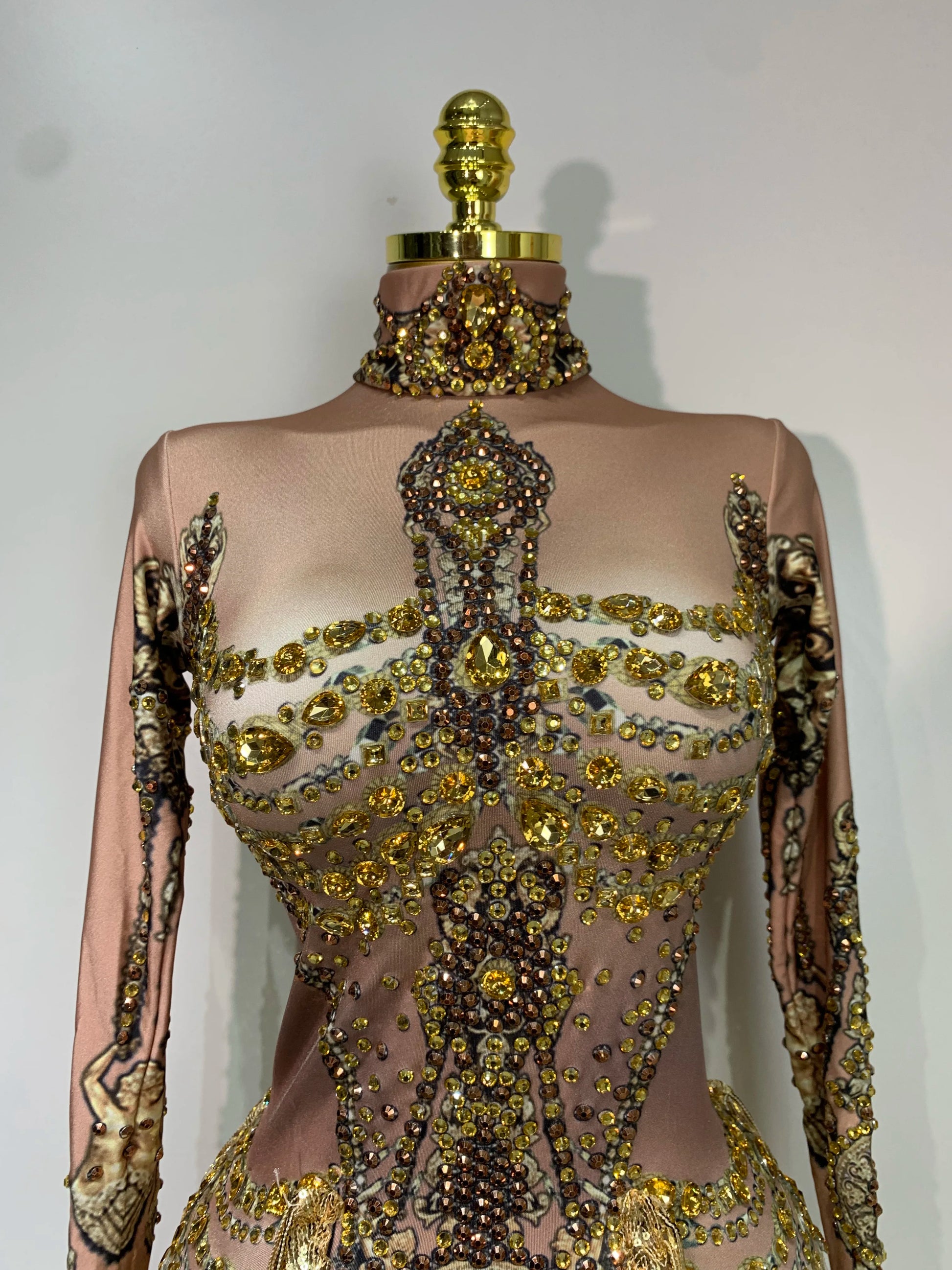 Sexy Sparkly Gold Rhinestones Tassel Bodysuit Women Celebrate Birthday Evening Party Nightclub Singer Performance Stage Costume