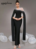 2025 Elegant Women Light Luxury Nail Bead Patchwork Bandage Dress O-Neck Extra Long Sleeve Bodycon Long Dress Club Party Vestido
