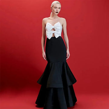Fashion Black White Mermaid Prom Dress Satin Strapless Ruched Tiered Floor Length Evening Dress vestido de gala As Picture