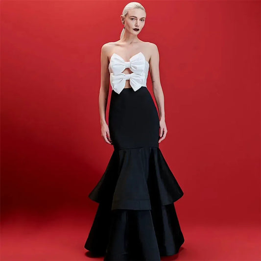 Fashion Black White Mermaid Prom Dress Satin Strapless Ruched Tiered Floor Length Evening Dress vestido de gala As Picture