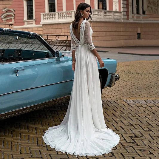 Bohemian Chiffon Wedding Dress Lace 3/4 Long Sleeve Women's Sexy V-Neck Back Bridal Dress Robe De Mariée Wedding Party