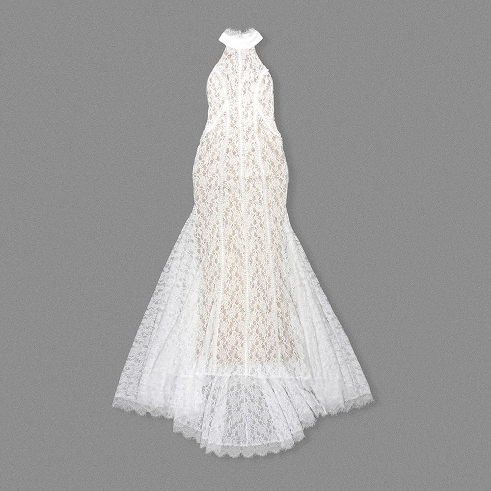 Elegant Women's white lace Slim Long Dress Halter Backless Sleeveless Maxi Dresses Lady Evening Wedding Party Gowns WHITE