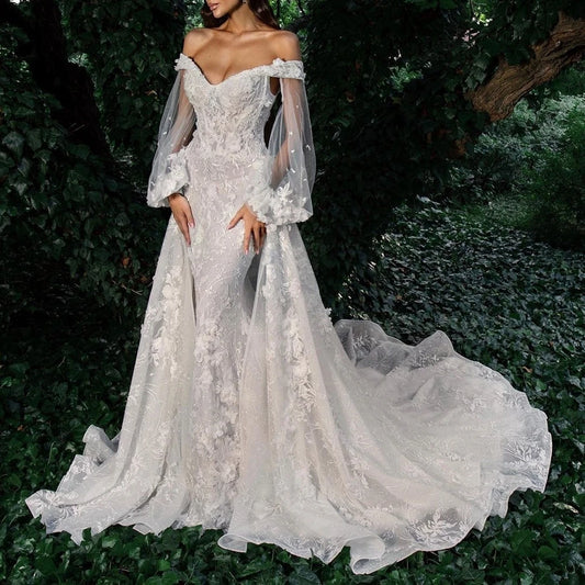 Exquisite Wedding Dresses For Women Graceful Bridal Gowns Lace Appliques Long Puff Sleeves V-Neck Pretty Vestidos De Novia