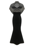 Elegant Celebrity Evening Red Carpet Party Dress With Diamond Cape Shawl, Black Women'S Strapless Tight Bandage Maxi Long Dress