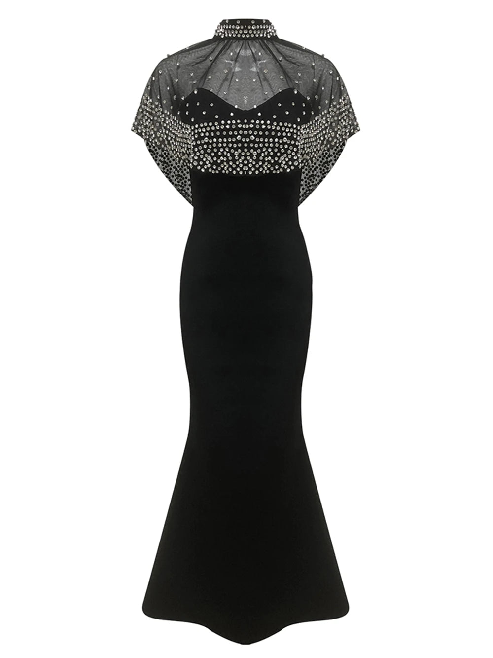 Elegant Celebrity Evening Red Carpet Party Dress With Diamond Cape Shawl, Black Women'S Strapless Tight Bandage Maxi Long Dress