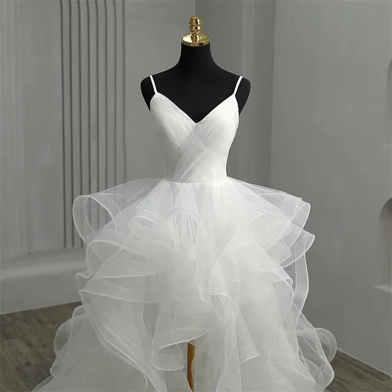 Short Front Long Back Gothic White Wedding Dresses Spaghetti Straps Deep V Neck High-low Bridal Gowns Vestido Custom Color