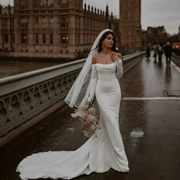 Elegant Off Shoulder Long Sleeve Mermaid Wedding Dress Strapless Long Train Bridal Wedding Gowns Sexy White Wedding Dresses Ivory