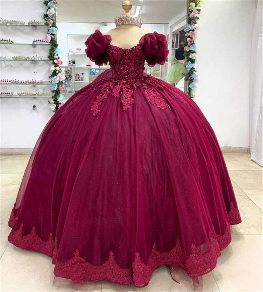 Customized Burgundy Quinceanera Dress Short Sleeve Beaded Lace Puffy Sweet 16 Dress Floor Length Tulle vestido de 15 quinceañera as picture