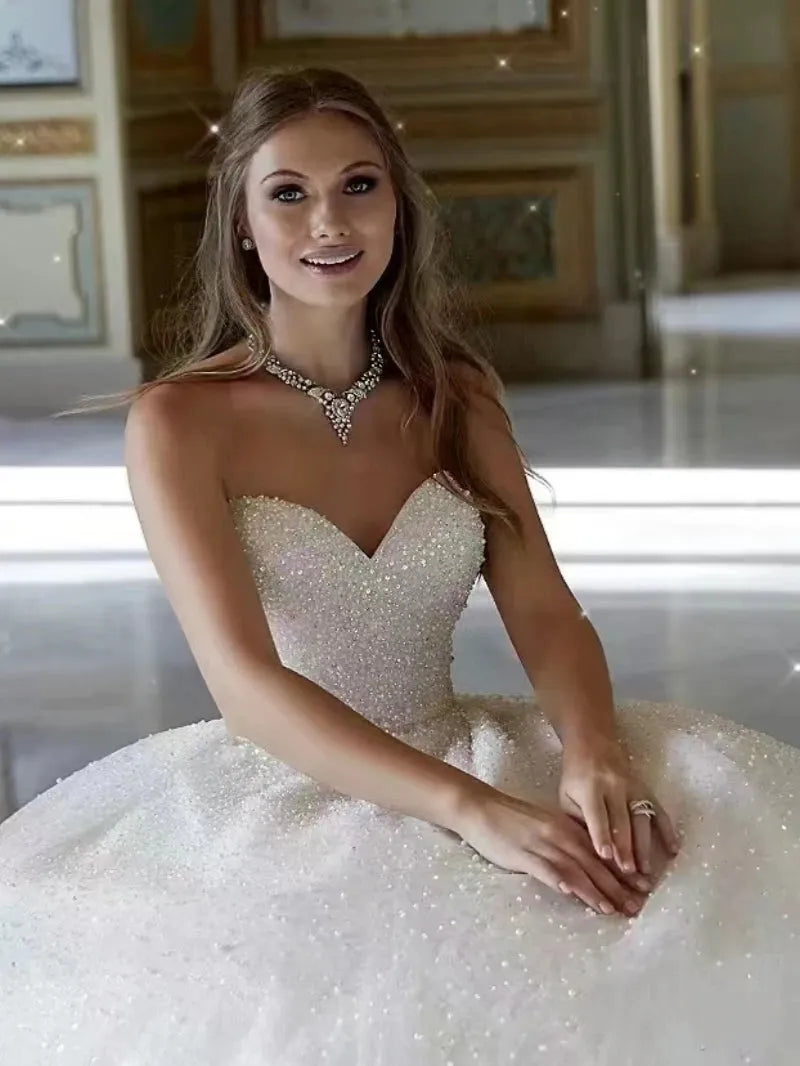 Romantic Wedding Dresses Modern Sweetheart Bridal Dress Sleeveless Backless Robes Tulle Beading Ball Gown Vestidos De Novia