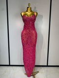Women Sexy Sleeveless Rhinestone Bodycon Maxi Long Dress Evening Party Birthday Costume Bar Nightclub Stage Performance Clothing Rose Red