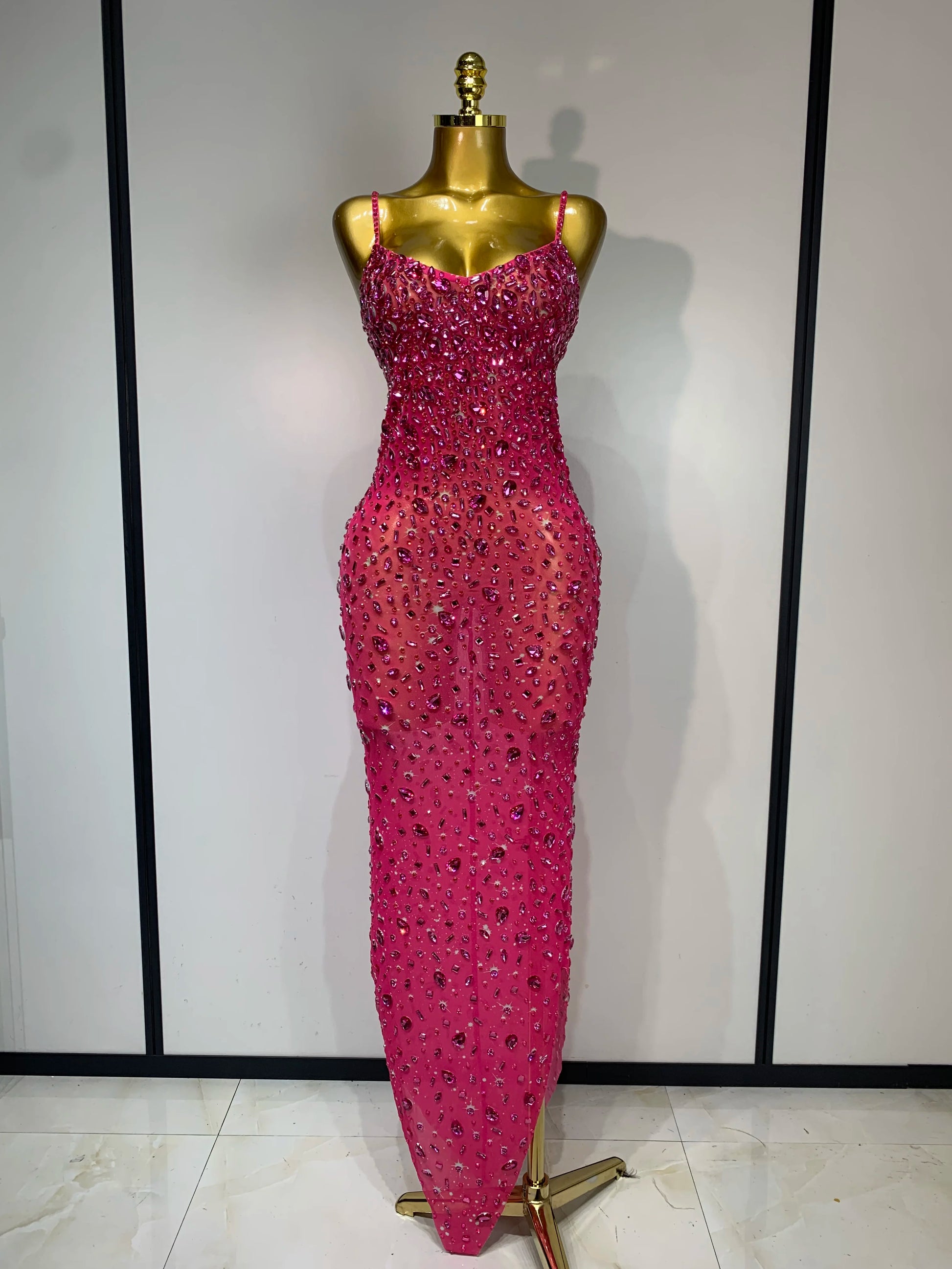 Women Sexy Sleeveless Rhinestone Bodycon Maxi Long Dress Evening Party Birthday Costume Bar Nightclub Stage Performance Clothing Rose Red