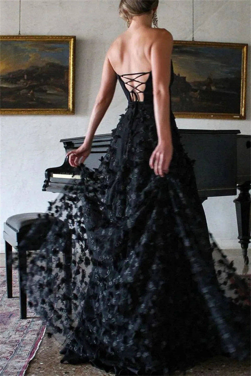 Luxury 3D Flower Embroid Black Lace Prom Dress Sexy Side High Split Corset A-line Party Dress