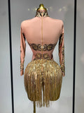 Sexy Sparkly Gold Rhinestones Tassel Bodysuit Women Celebrate Birthday Evening Party Nightclub Singer Performance Stage Costume