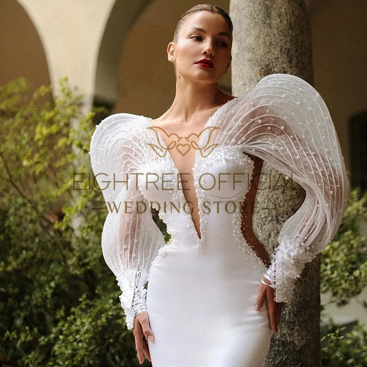 White Mermaid Wedding Dresses Sexy V-Neck Long Sleeve Pearls Bride Dress Boho Beach Wedding Prom Gowns Custom Size