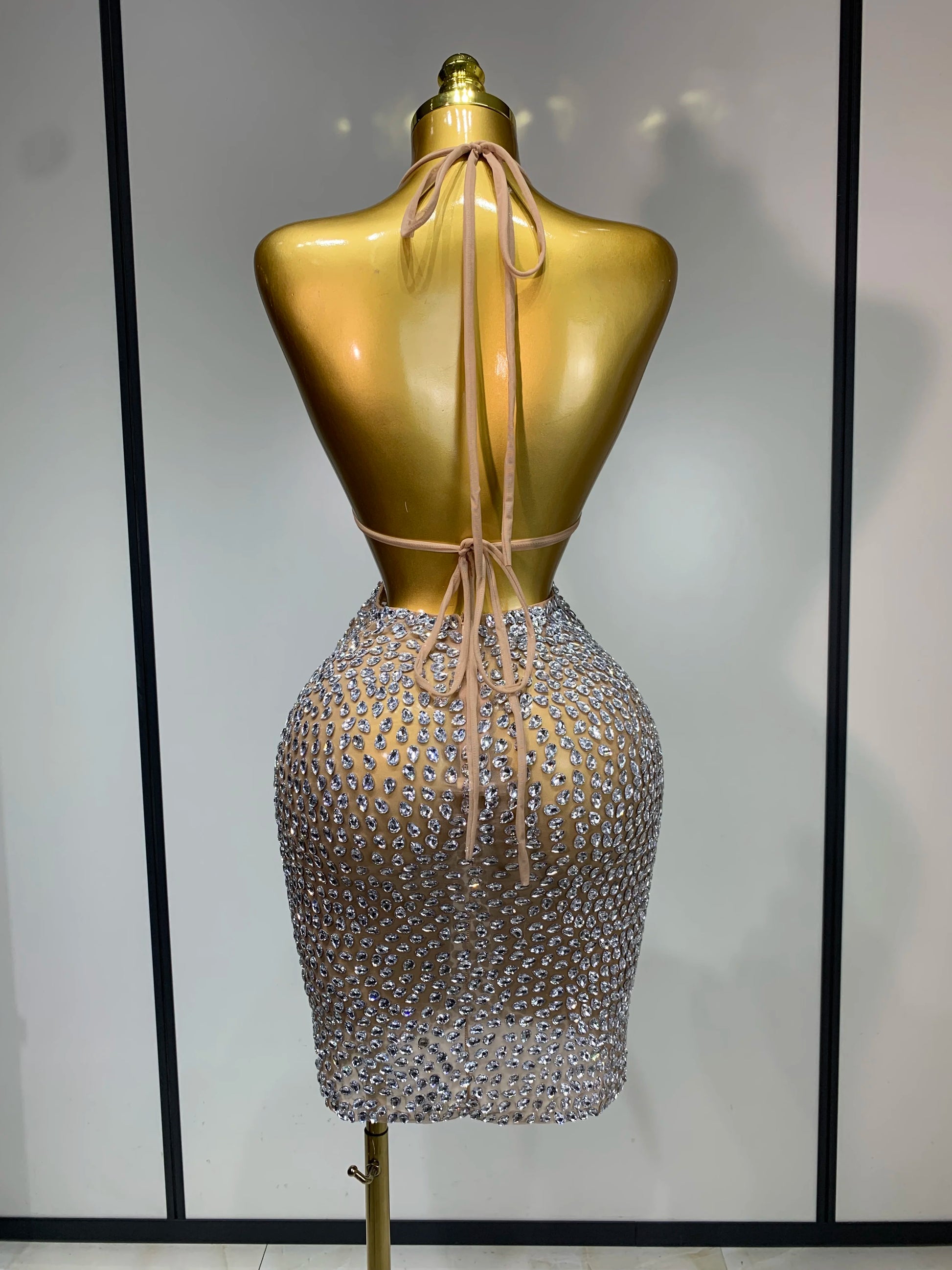Sparkly Luxury Crystal Rhinestones Sexy Backless Bodycon Dress Women Singer Stage Outfit Celebrity Elegant Birthday Costume