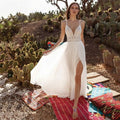 Bohemia High Split Wedding Dress Chiffon Spaghetti Straps Beach Bridal Gown Sweep Train V-Neck Robe De Mariée Custom