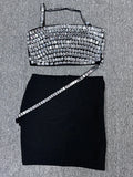 2025 Spring Sexy Women's Nail Bead Design Bandage Dress Slant Collar Sleeveless Waist Design Bag Hip Mini Dresses Party Vestidos black