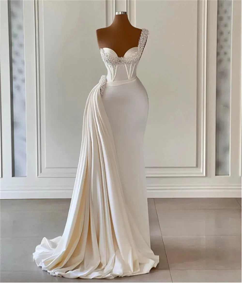 Elegant & Charming Mermaid Wedding Dresses Bridal Gown Pearls Beaded One Shoulder Satin Sweep Train Custom Vestido De Novia