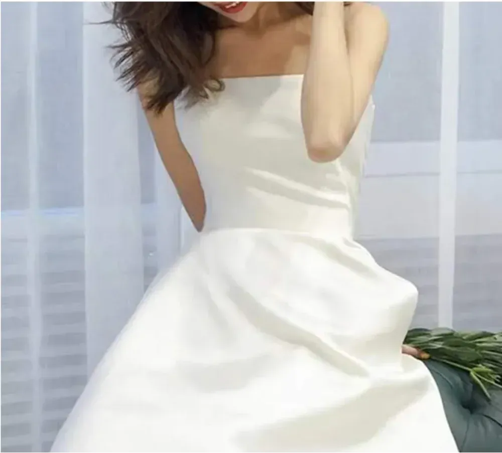 Elegant Ivory Satin Wedding Dress Strapless Backless Ankle Length Brilal Gowns robes de mariee vestidos de novia Robe De Mariee