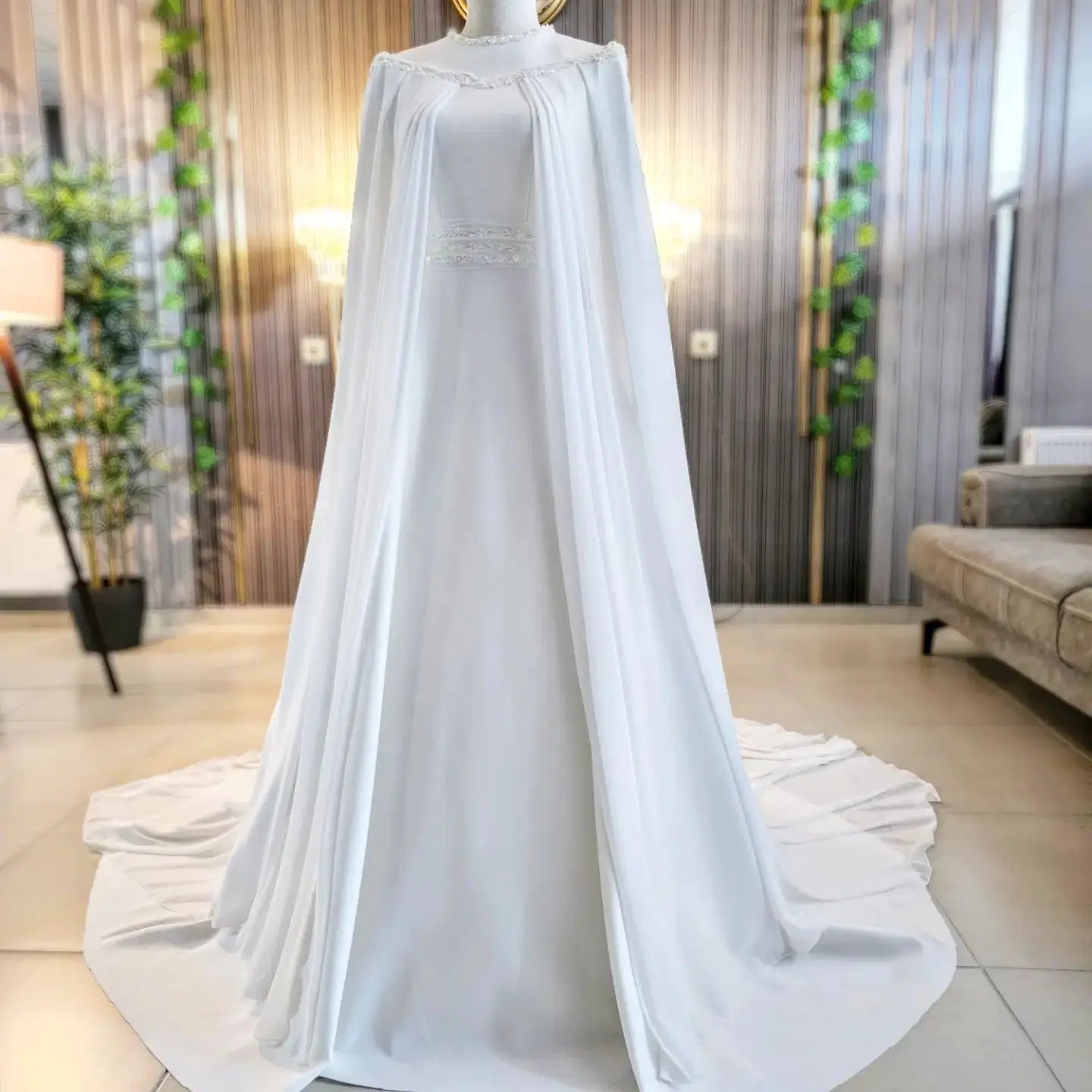 Muslim Wedding Dresses with Cape O Neck Long Sleeve Sweep Train A Line Beading Chiffon Hijab Bride Bridal Gowns Customized WHITE