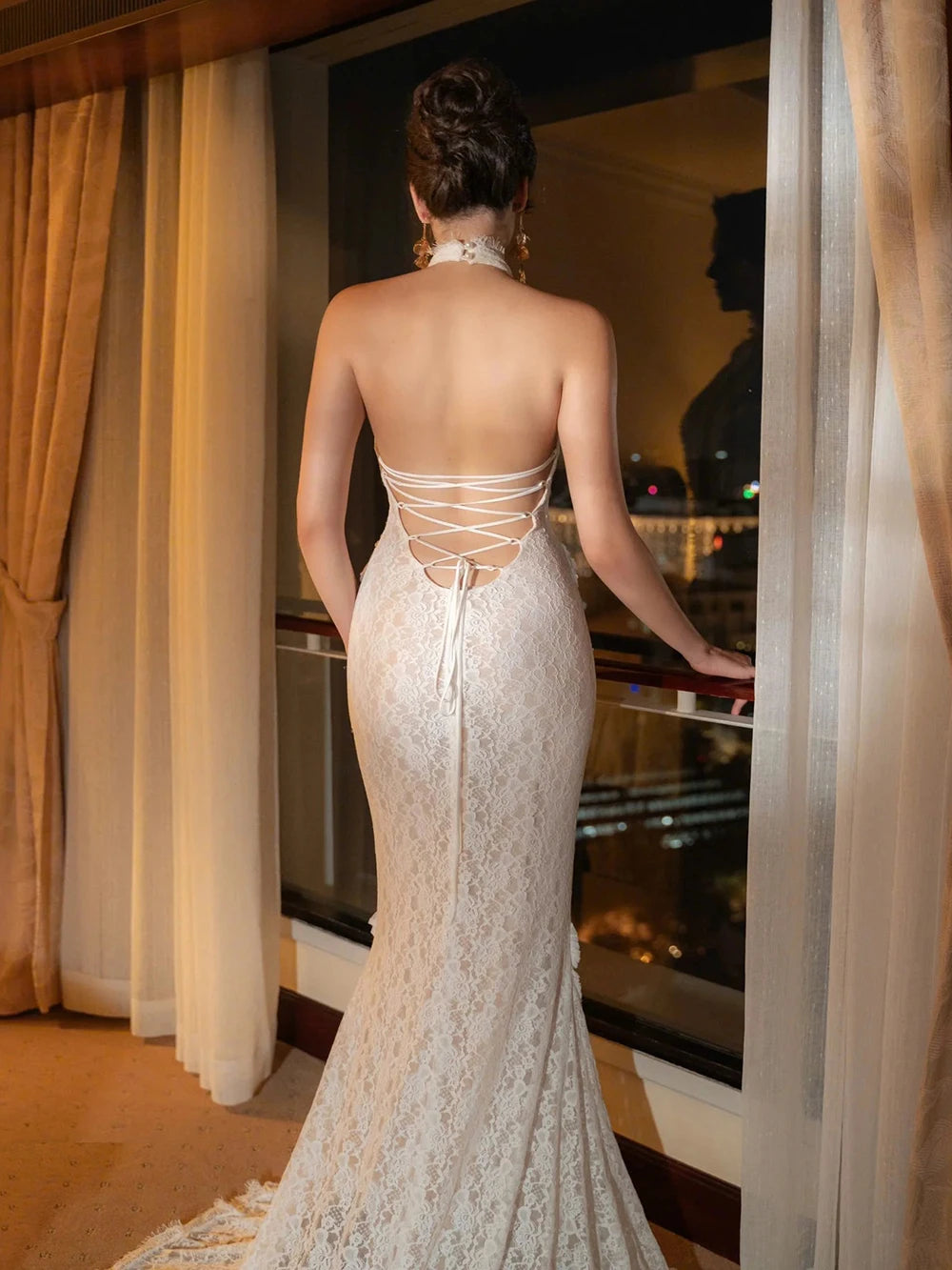 Elegant Women's white lace Slim Long Dress Halter Backless Sleeveless Maxi Dresses Lady Evening Wedding Party Gowns