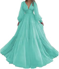 Long Puff Sleeves Prom Dresses V-Neck Pleats Chiffon Princess Evening Gowns Women Party Dress Plus Size