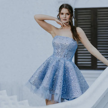 Elegant Glitter Tulle Prom Party Dress Exquisite Pleats A Line Evening Gown Tea Length Short Cocktail Dress Blue