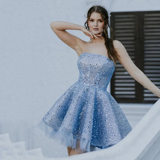 Elegant Glitter Tulle Prom Party Dress Exquisite Pleats A Line Evening Gown Tea Length Short Cocktail Dress Blue