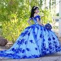 Royal Blue Beaded Pearls 3D Flowers Quinceanera Dresses Off The Shoulder Ball Gown