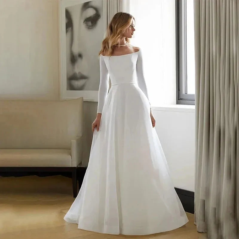 Boat Neck A-Line Wedding Dresses Long Sleeveless Floor Length Bridal Gowns Custom Made Elegant Customize To Measures White