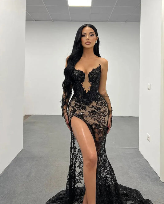 Black Sexy Lace Prom Dress Mermaid Sweetheart Sleeveless High Side Slit Floor Length Evening Dress vestidos de gala