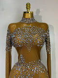 Sparkly Rhinestone Mesh Transparent Brown Long Dress Evening Party Luxury Birthday Celebrate Costume Nightclub Dancer Outfit