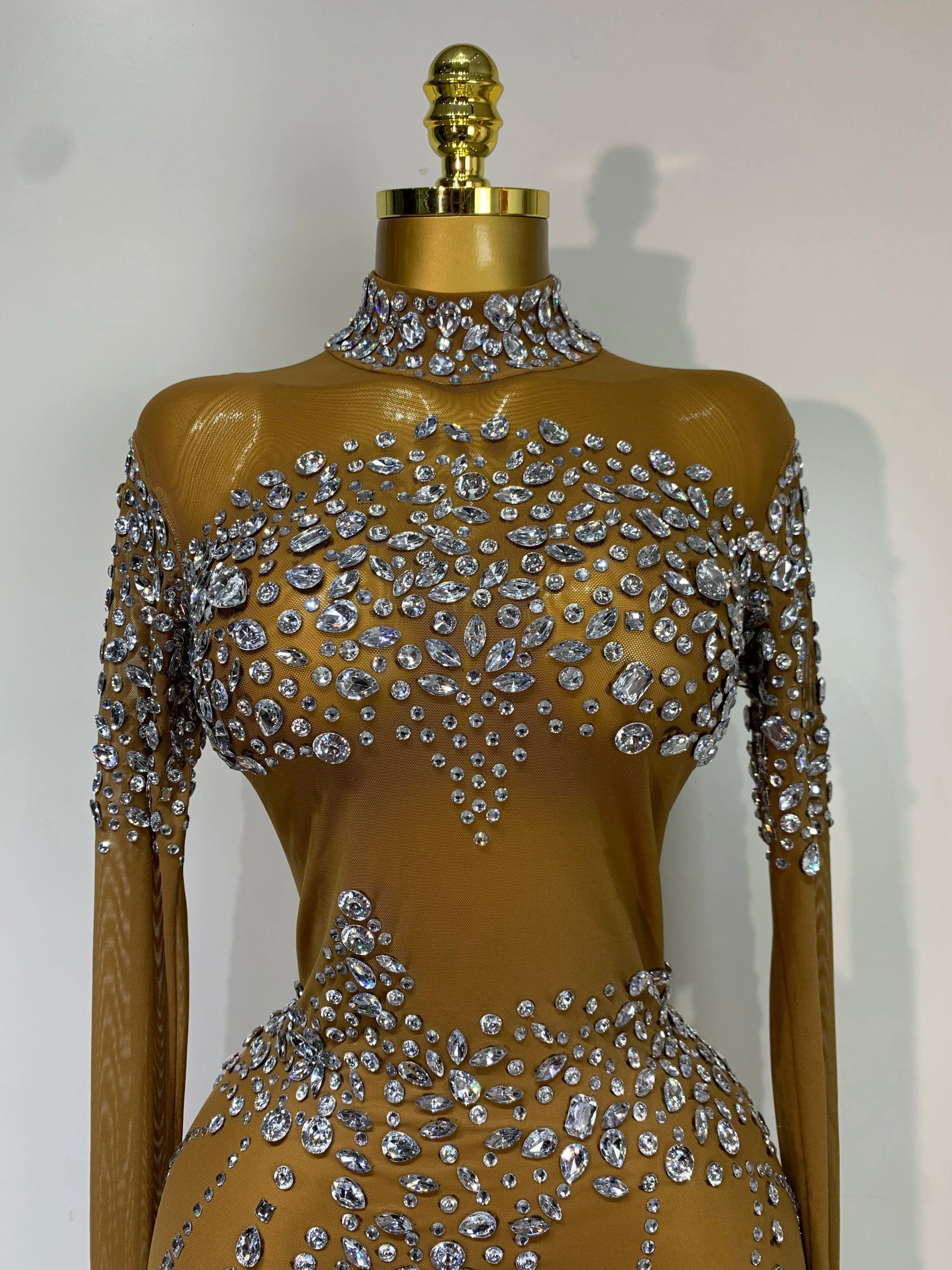 Sparkly Rhinestone Mesh Transparent Brown Long Dress Evening Party Luxury Birthday Celebrate Costume Nightclub Dancer Outfit