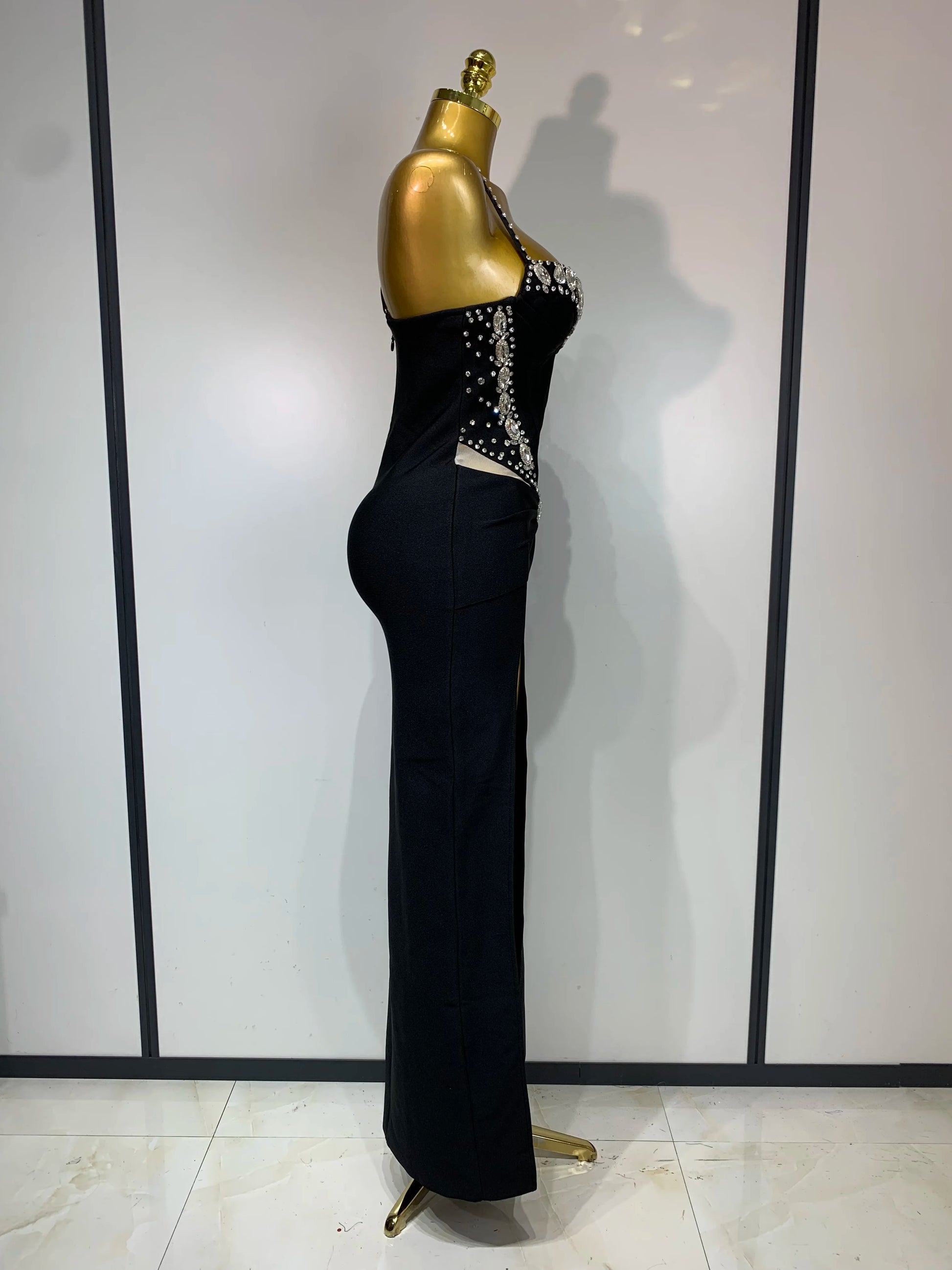 Women New Black Pink Bandage Dress Spaghetti Strap Rhinestones Luxury Birthday Evening Party Dress One Piece Elegant Gala Gowns