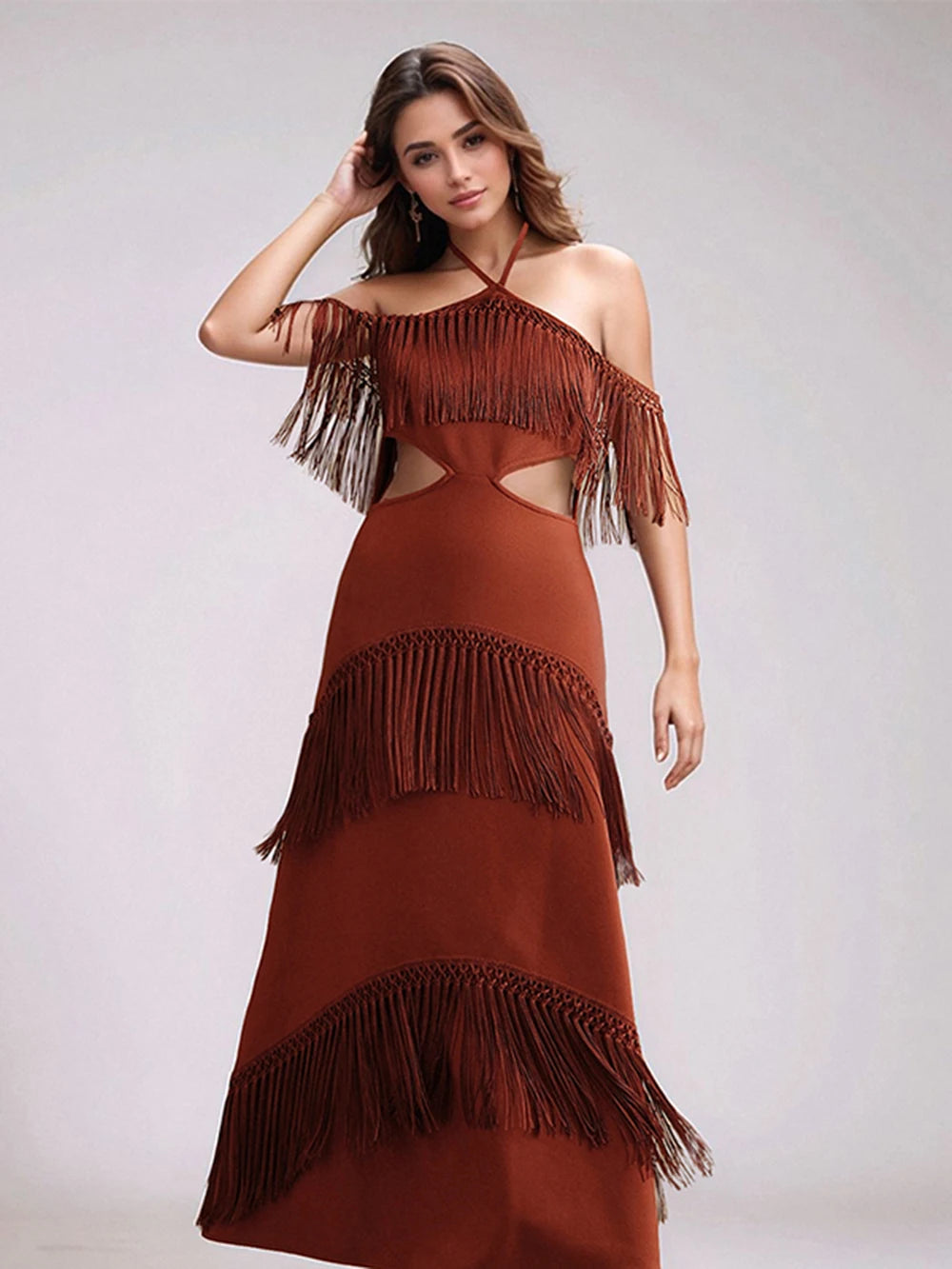 Elegant Bandage Tassels Dress Women Sexy Halter Backless Sleeveless Hollow Out Vestidos Female 2025 Fashion Evening Party Robe