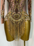 Sexy Sparkly Gold Rhinestones Tassel Bodysuit Women Celebrate Birthday Evening Party Nightclub Singer Performance Stage Costume
