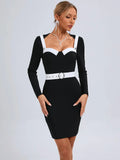 2024 Elegant Women'S Patchwork Bandage Dress Strapless Long Sleeved Bodycon Belt Design Mini Dress Cocktail Party Vestidos black