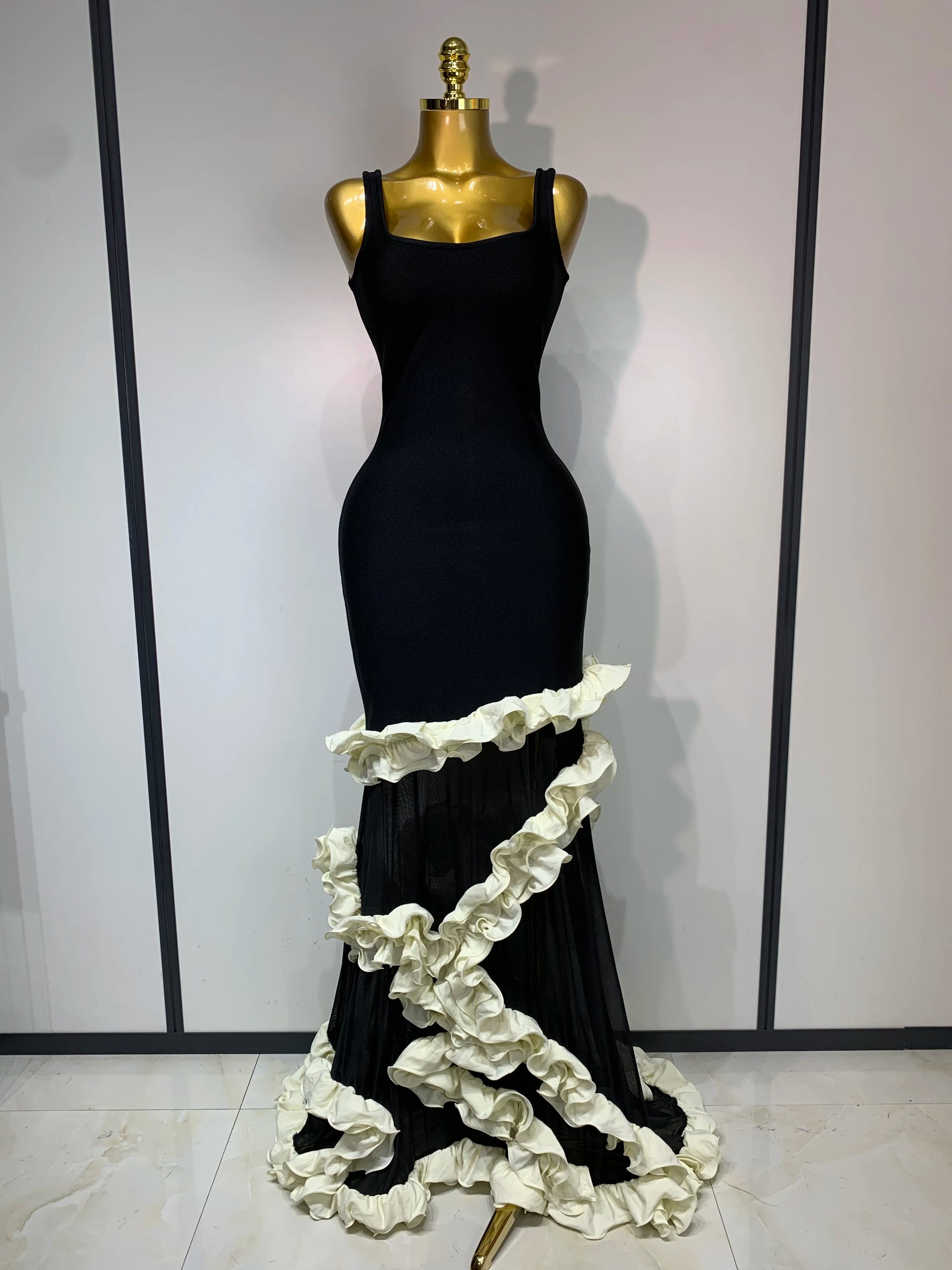 Women Black Sleeveless Ruffles Patchwork Maxi Bandage Dress 2025 Celebrity Elegant Evening Party Gowns Fashion Show Outfit black