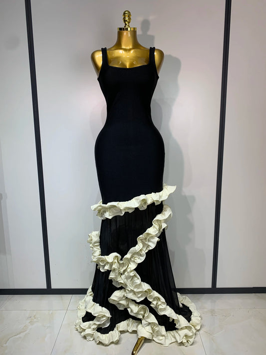 Women Black Sleeveless Ruffles Patchwork Maxi Bandage Dress 2025 Celebrity Elegant Evening Party Gowns Fashion Show Outfit black