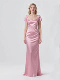 Mother Of The Bride Dress - Elegant Modern Mermaid V Neck Satin Mother of the Bride Dress Short Sleeves Sequin Sweep Train Formal Evening Gown 2025 Free Cus Pink