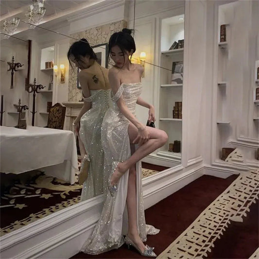 Shinny Off The Shoulder Formal Gown Mermaid Sexy Special Occasion Dress Long Evening Dresses with Split vestidos de fiesta Ivory