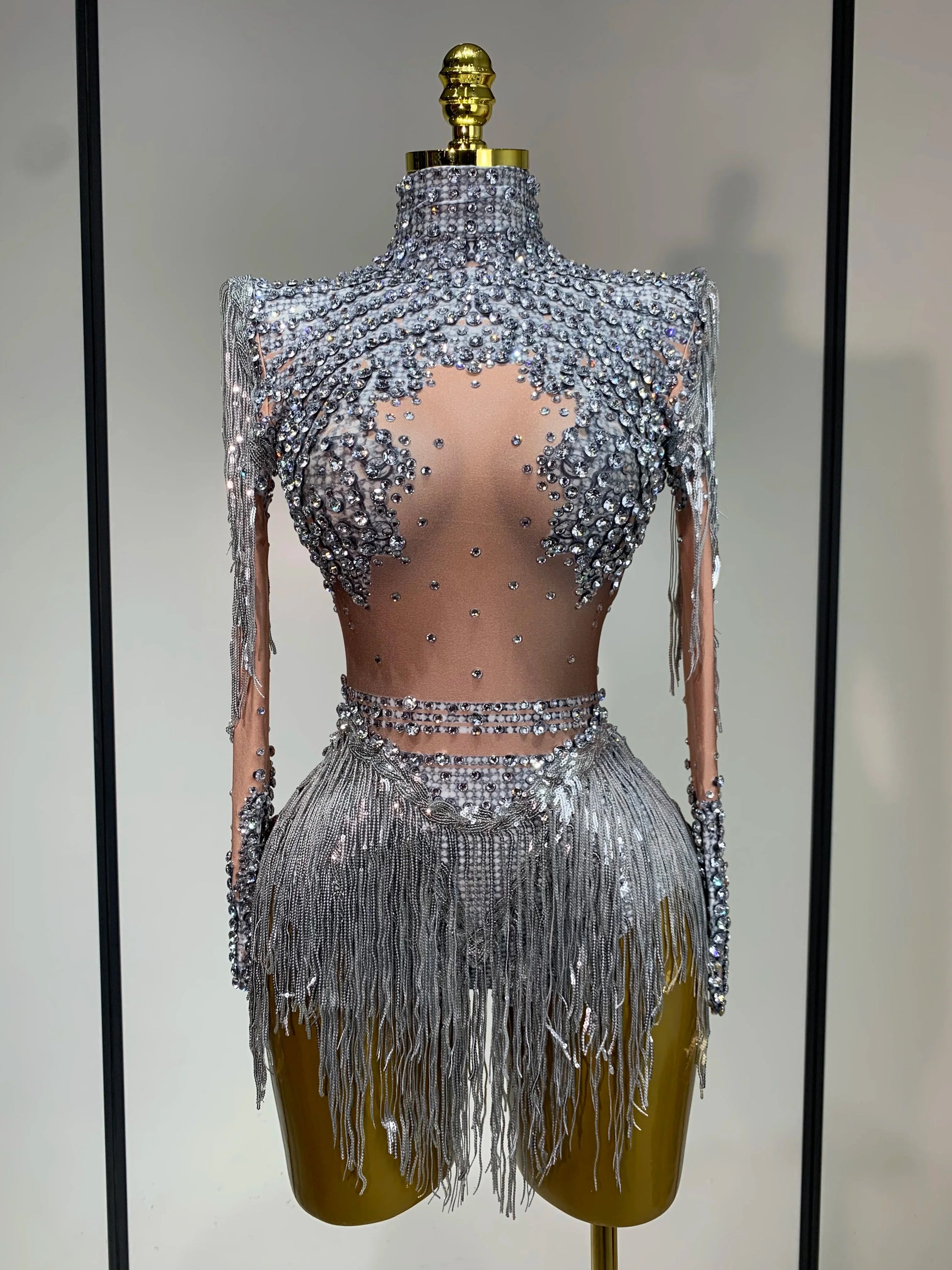 Women Long Sleeve Sexy Shinning Tassels Rhinestone Bodycon Bodysuit High Stretch Bar Dancer Nightclub Stage Wear Birthday Outfit Silver